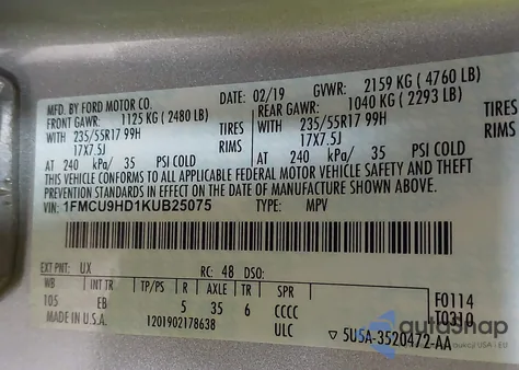 2019 Ford Escape Sel z USA, uszkodzony, nr VIN 1FMCU9HD1KUB25075